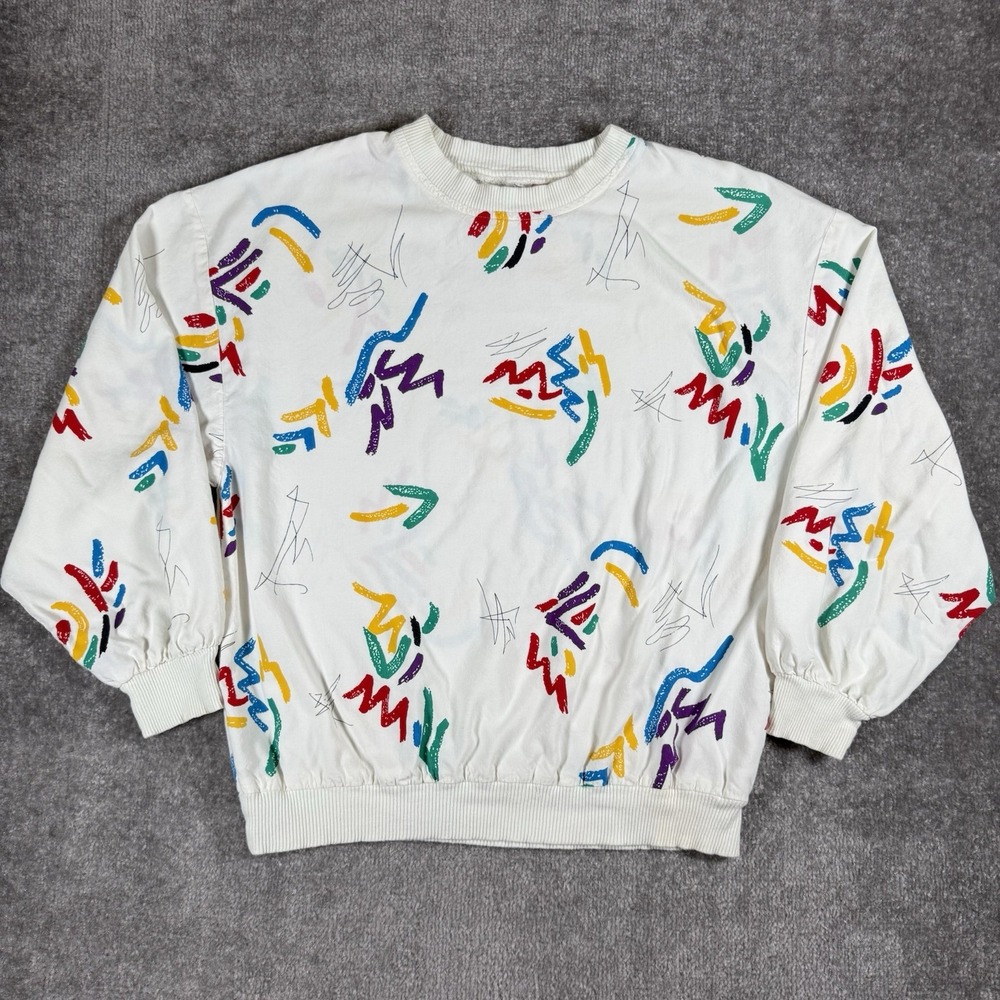 Vintage Morelle Crewneck Womens Medium White Scribbles Long Sleeve 80s Retro